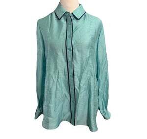 Chico's Classic Collared Shimmer Dobby Shirt in Teal with Contrast Trim